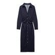 European And American Style Fashion Dark Blue Long sleeve Denim Shirt Dress