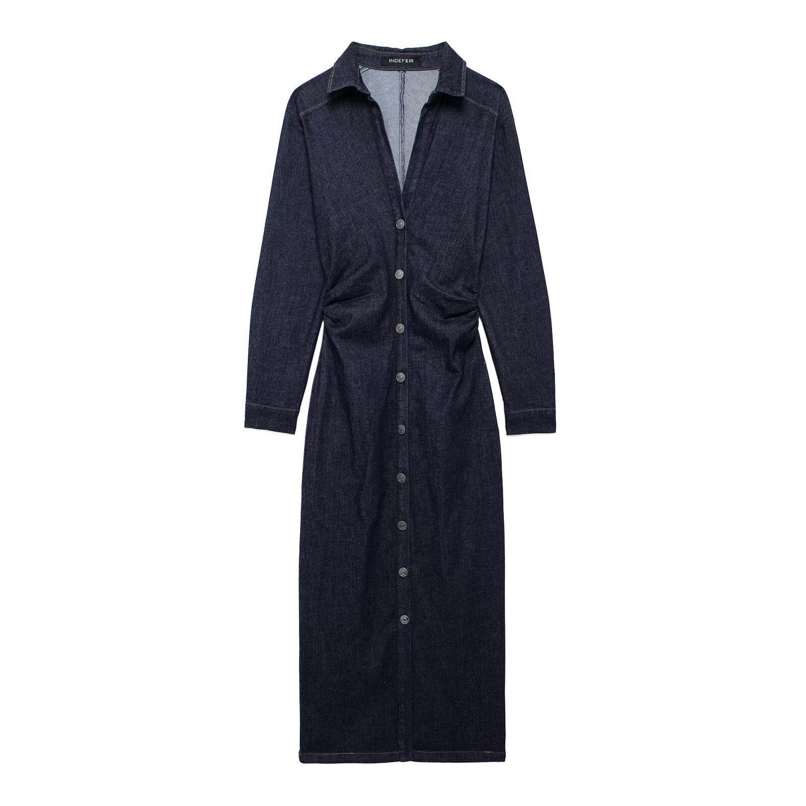 European And American Style Fashion Dark Blue Long sleeve Denim Shirt Dress