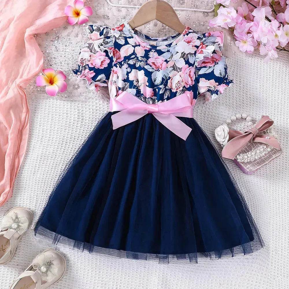 Girls Puff Sleeve Flower Printed Mesh Dress Baby girl dress gown