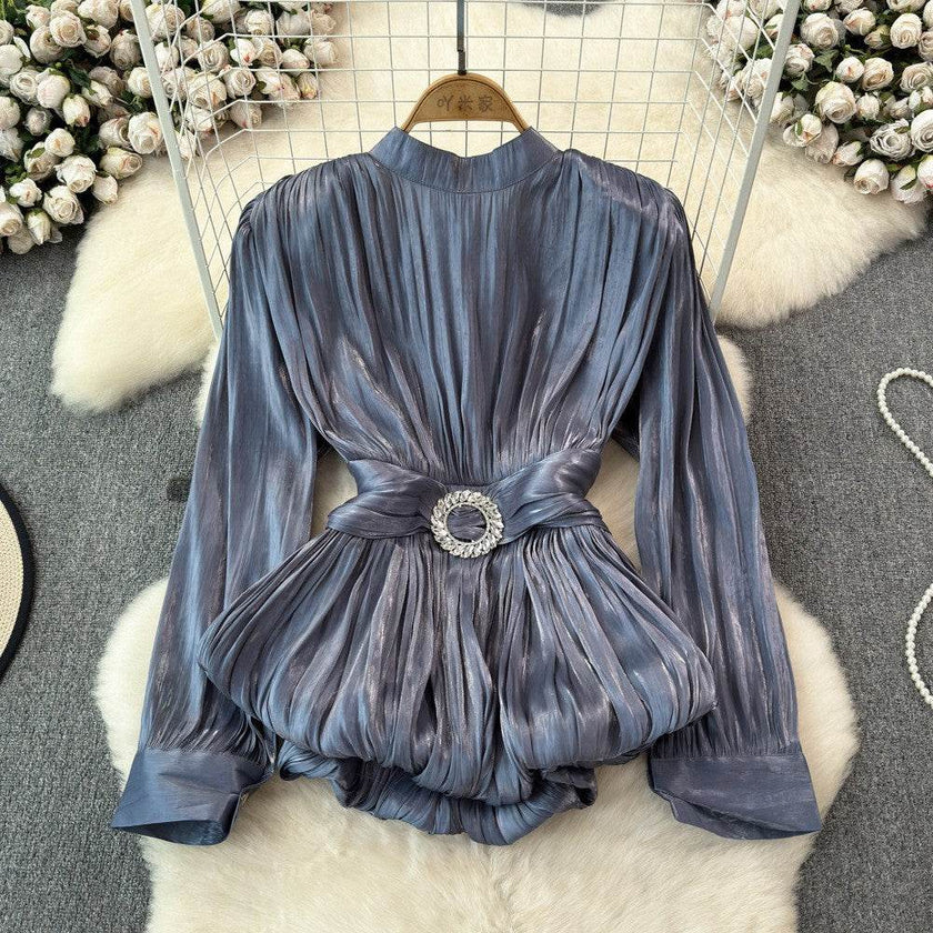 Elegant Luxury French Style High-grade waist belt lantern sleeve Niche Blouse top for Women