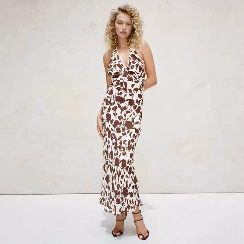 French Vest Printed Midi Floral Summer New Elegant Backless V-neck Halter Dress