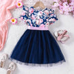 Girls Puff Sleeve Flower Printed Mesh Dress Baby girl dress gown