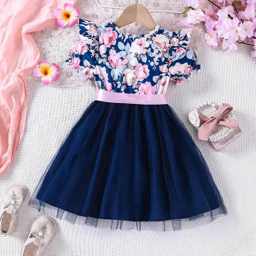 Girls Puff Sleeve Flower Printed Mesh Dress Baby girl dress gown