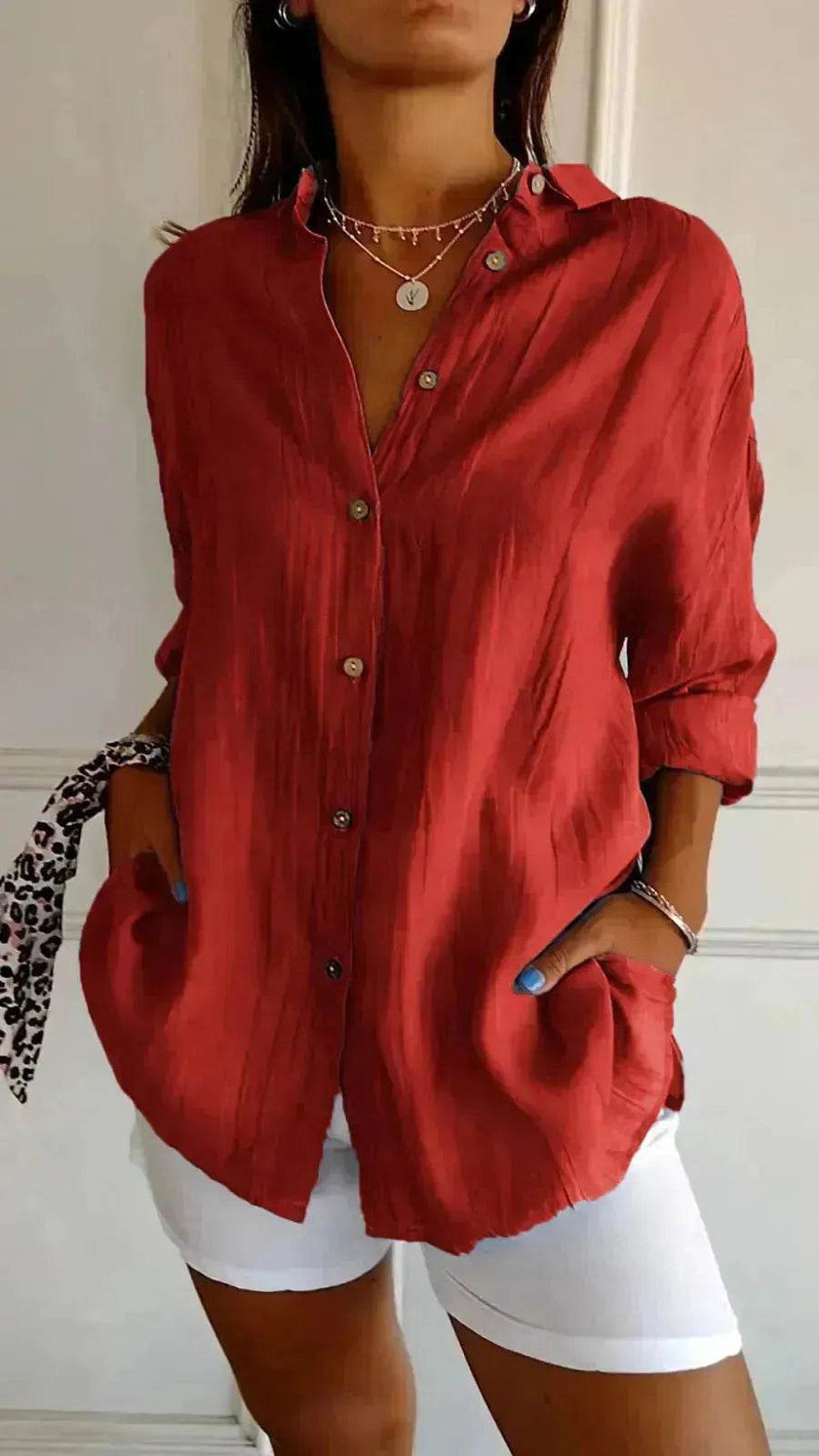 Fashionable Lapel Long Sleeve Shirt Top Women's Single-breasted Pleated Shirt Women Tops