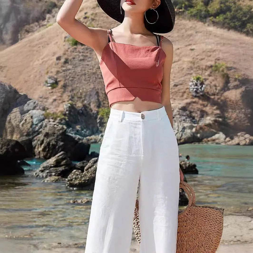 Casual Women's High Waist Cotton Linen Wide Leg Pants