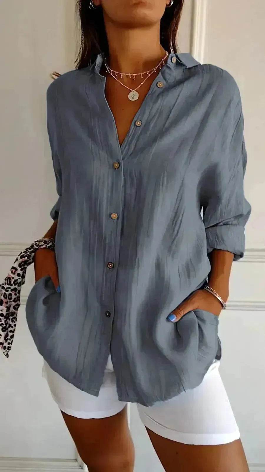 Fashionable Lapel Long Sleeve Shirt Top Women's Single-breasted Pleated Shirt Women Tops