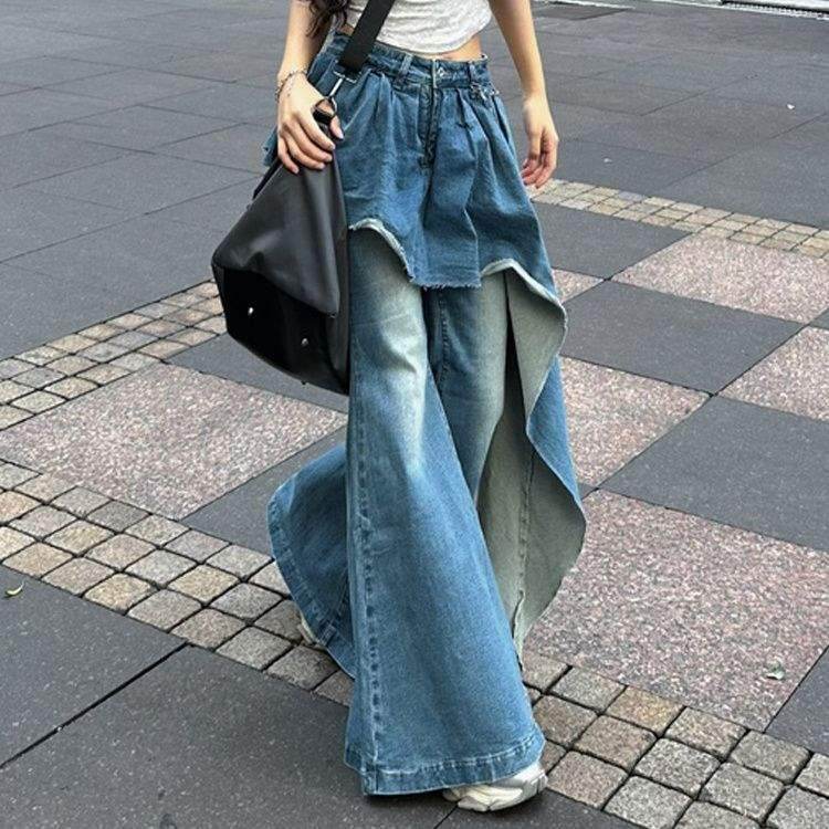 False two piece Denim Skirt High waist Fake 2 piece Skirt jeans pant