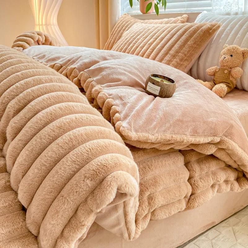 Rabbit Plush Four-piece Set Thickened Milk Fiber Sheets Coral Fleece Duvet Cover