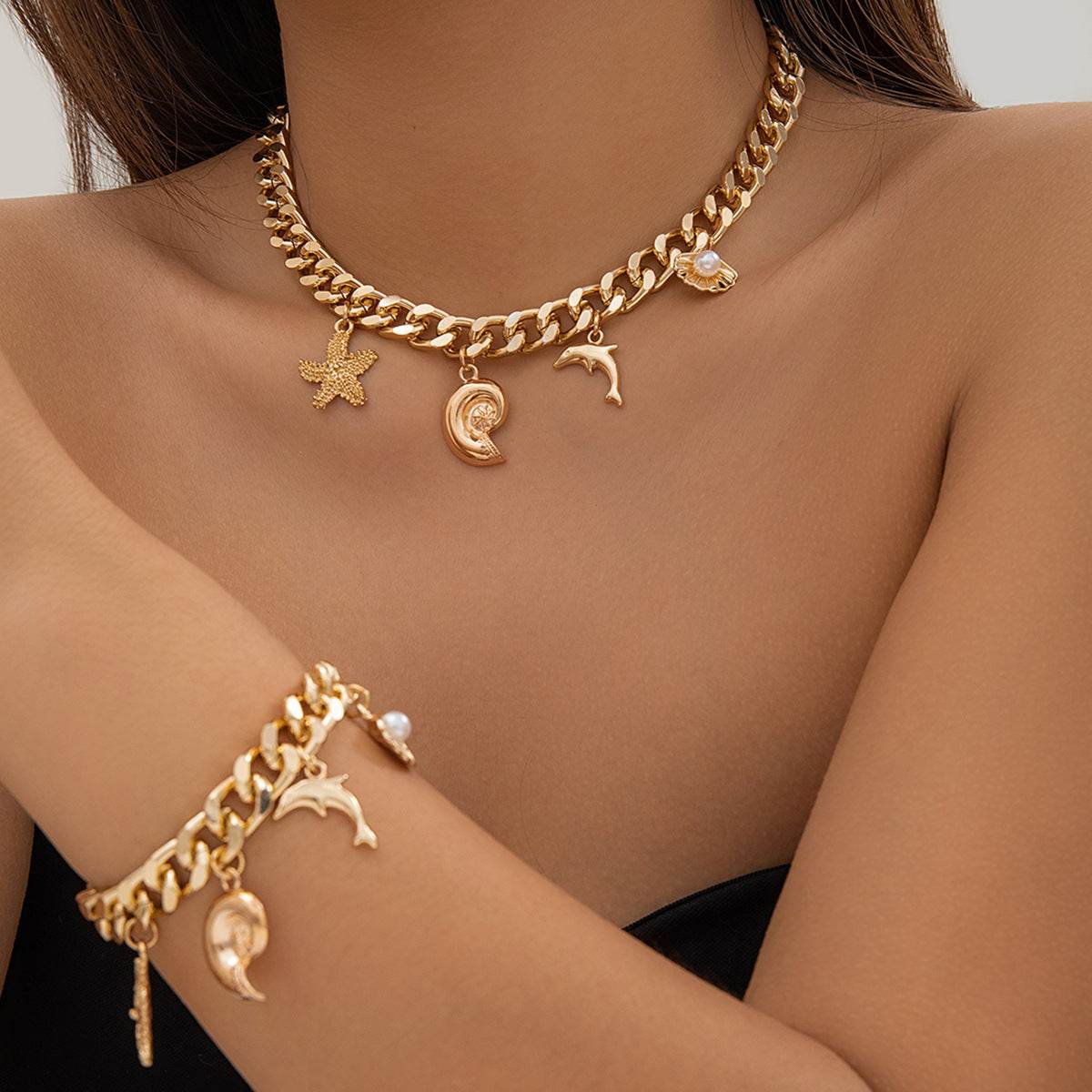 Boho Dolphin Starfish Conch Pendant Jewelry Set – Choker Necklace & Bracelets for Women