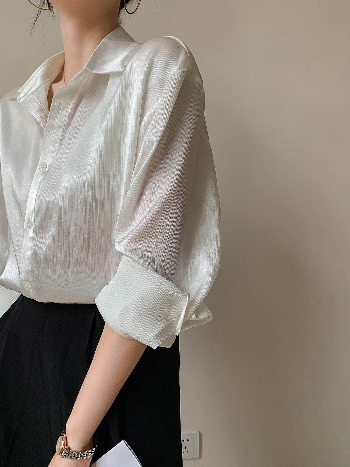 White Texture Long sleeve button Satin Shirt For Work business office