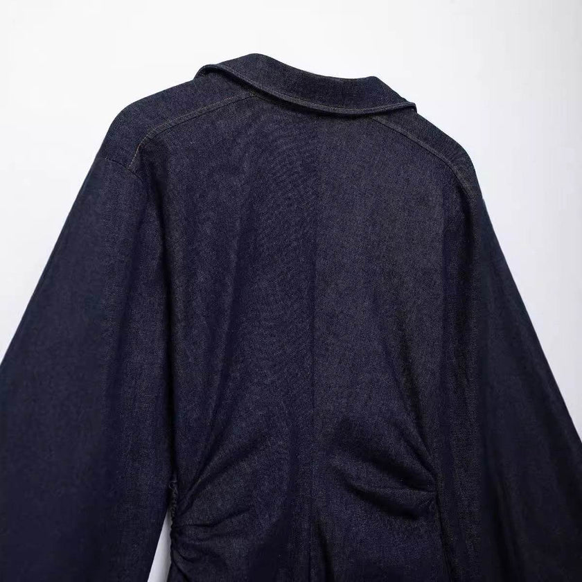 European And American Style Fashion Dark Blue Long sleeve Denim Shirt Dress