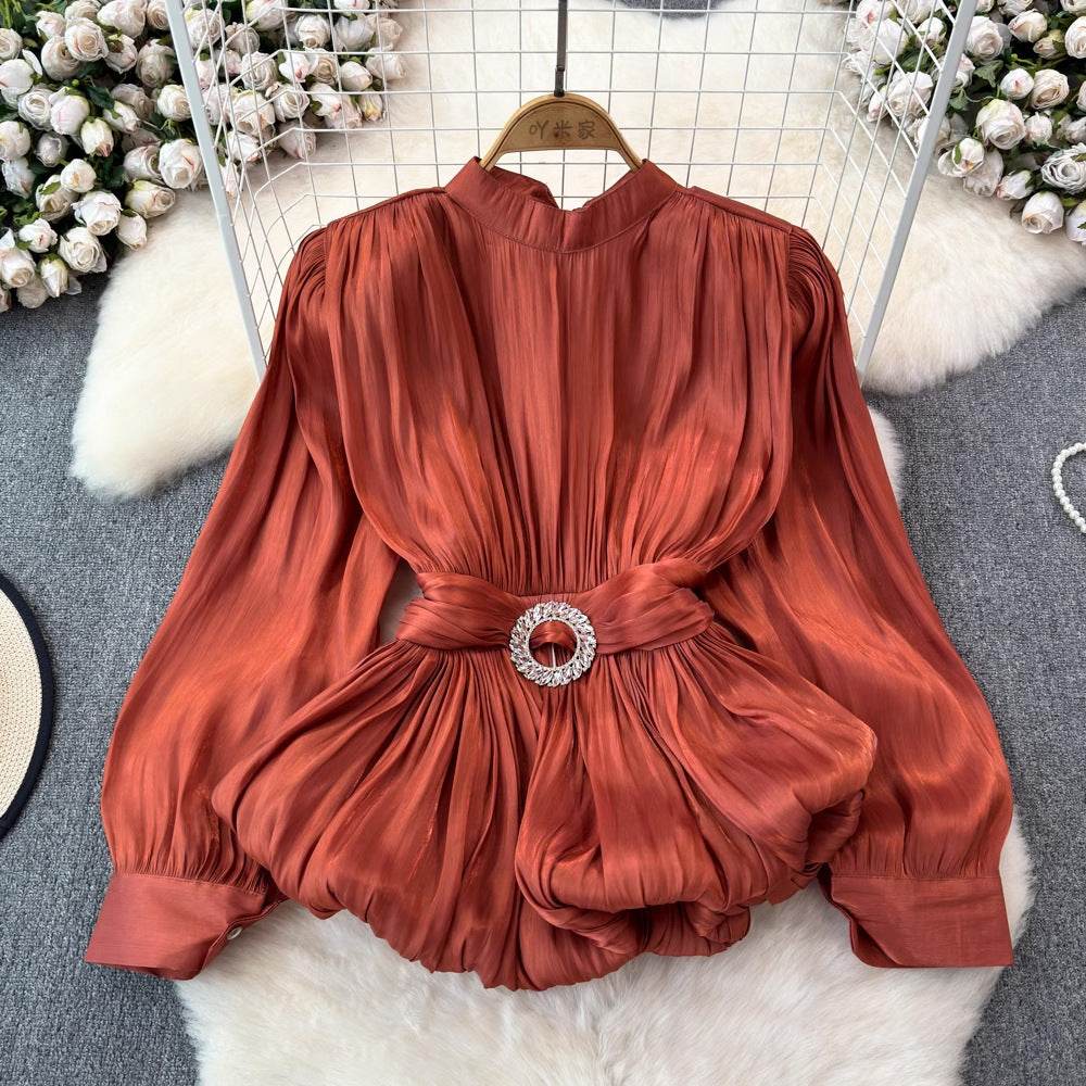 Elegant Luxury French Style High-grade waist belt lantern sleeve Niche Blouse top for Women