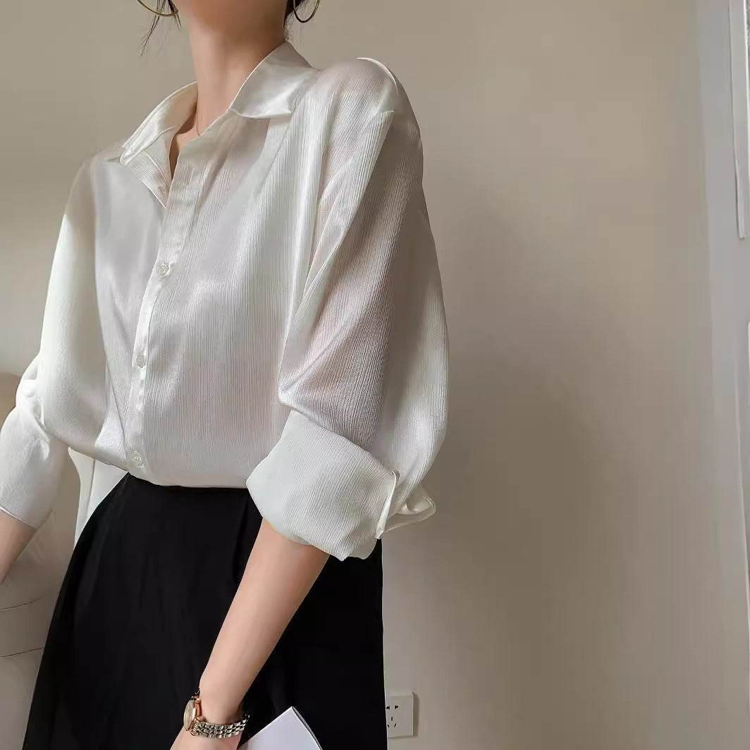 White Texture Long sleeve button Satin Shirt For Work business office