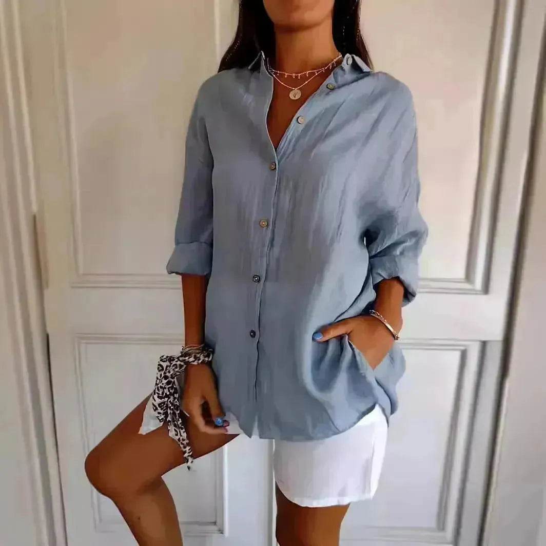 Fashionable Lapel Long Sleeve Shirt Top Women's Single-breasted Pleated Shirt Women Tops