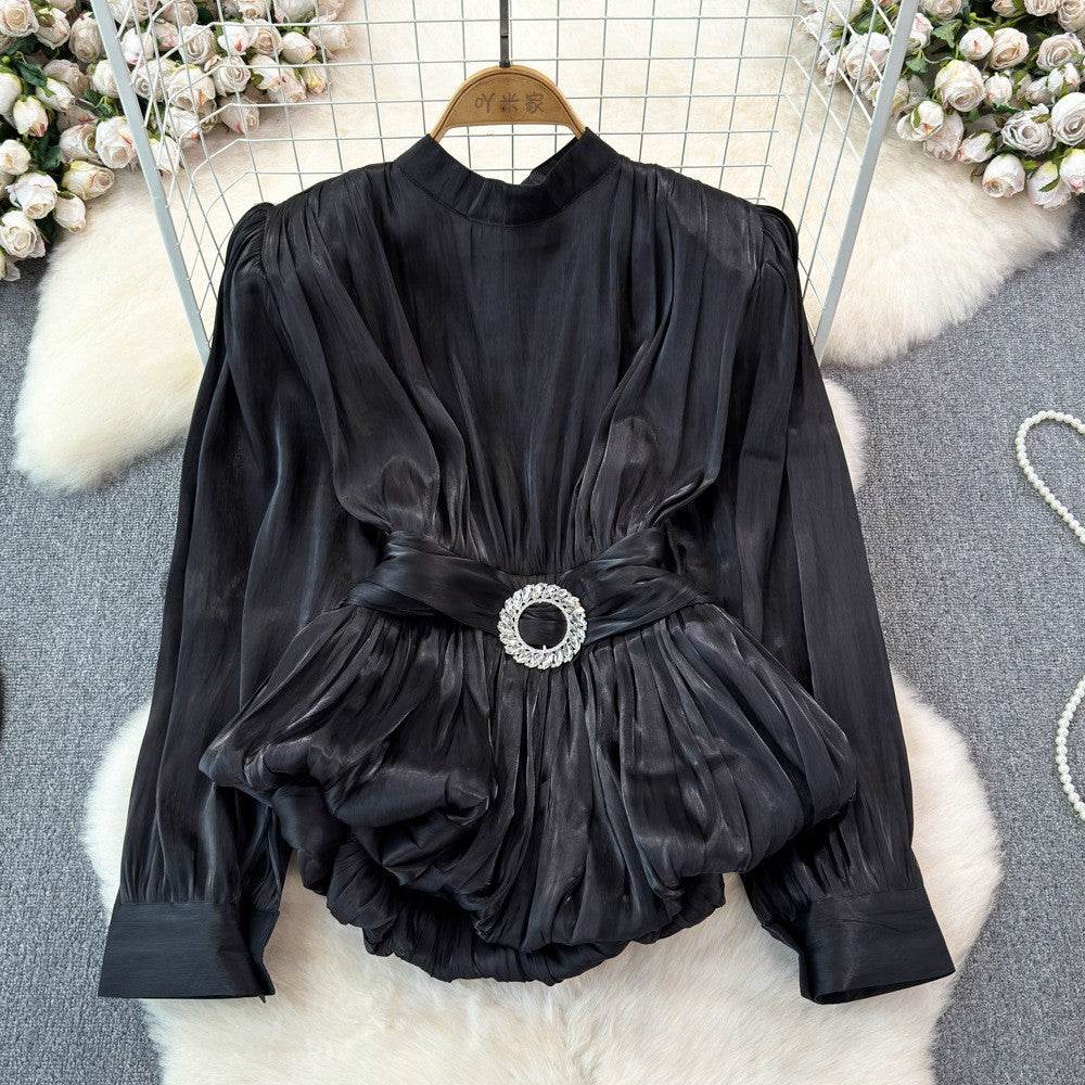 Elegant Luxury French Style High-grade waist belt lantern sleeve Niche Blouse top for Women