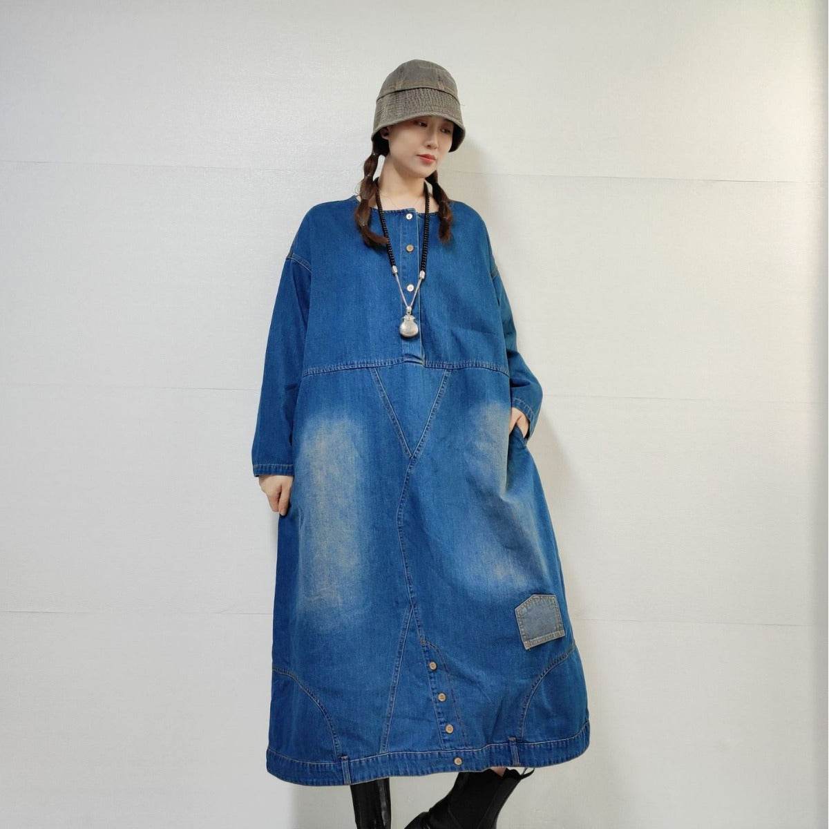 Loose-fitting Casual Round-neck Long-sleeved Oversized Long Denim Dress