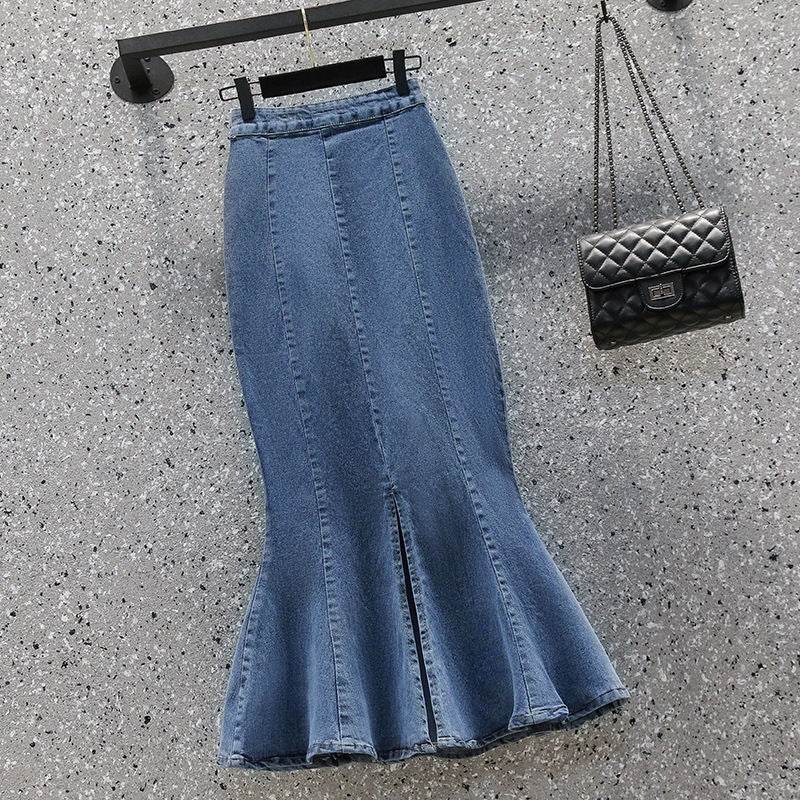 Mermaid Denim Skirt Cotton Mid Length Fishtail Style