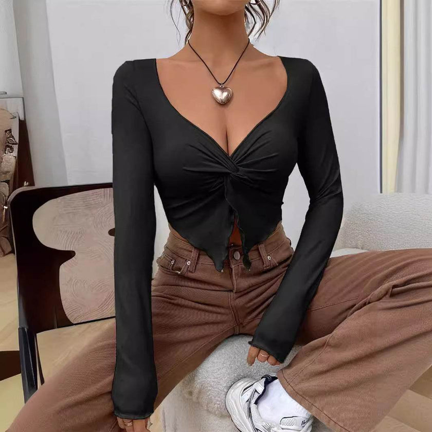 Slim fit top Front Twist Irregular Long Sleeve V-neck tank top For Women
