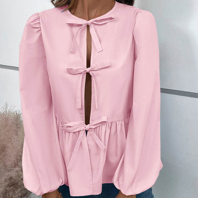 Casual Loose Lantern sleeve Buckle blouse Top For Women
