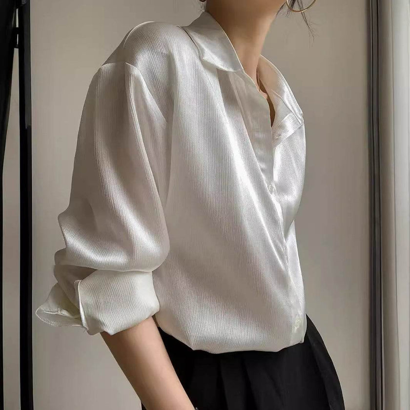 White Texture Long sleeve button Satin Shirt For Work business office