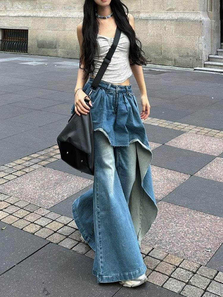 False two piece Denim Skirt High waist Fake 2 piece Skirt jeans pant