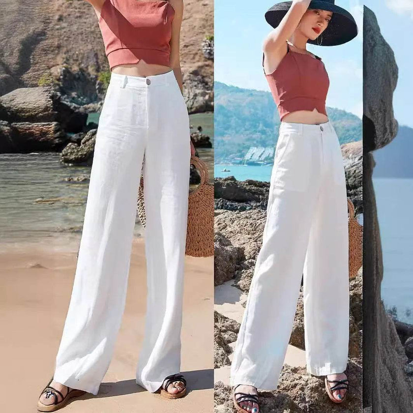 Casual Women's High Waist Cotton Linen Wide Leg Pants