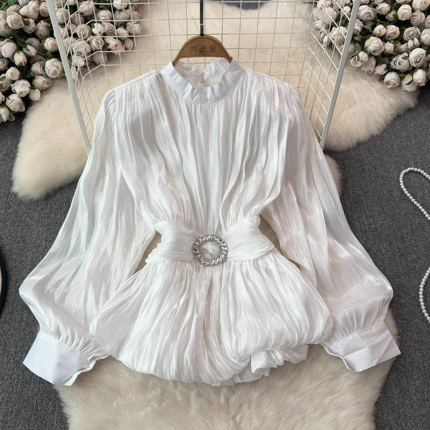 Elegant Luxury French Style High-grade waist belt lantern sleeve Niche Blouse top for Women