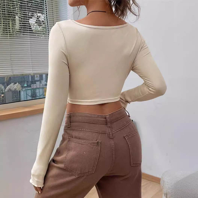 Slim fit top Front Twist Irregular Long Sleeve V-neck tank top For Women