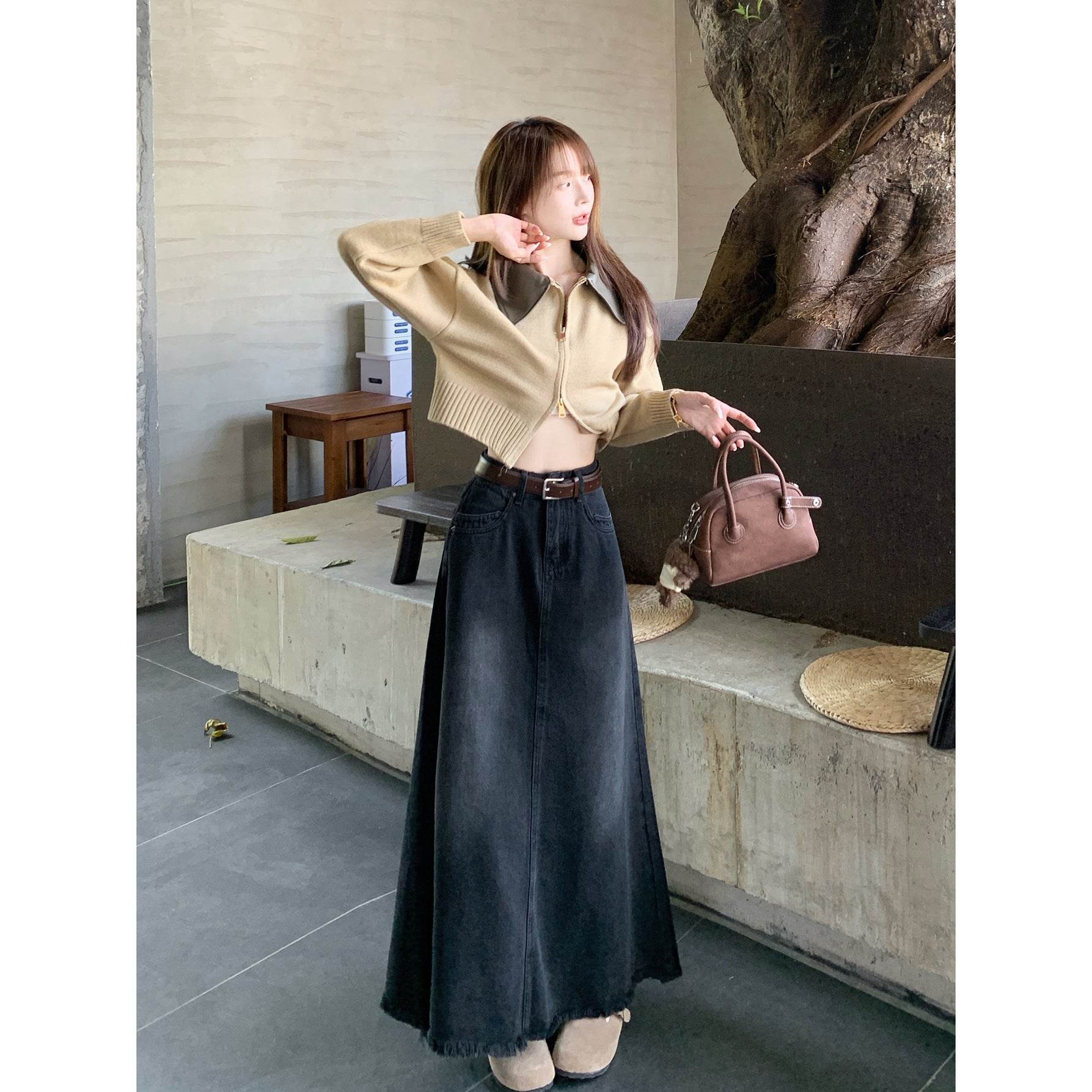 Long Denim Skirt Solid Cotton A Line Style