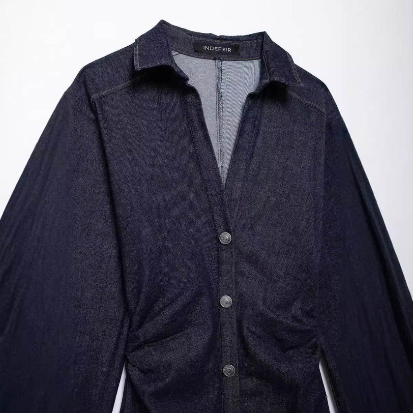 European And American Style Fashion Dark Blue Long sleeve Denim Shirt Dress