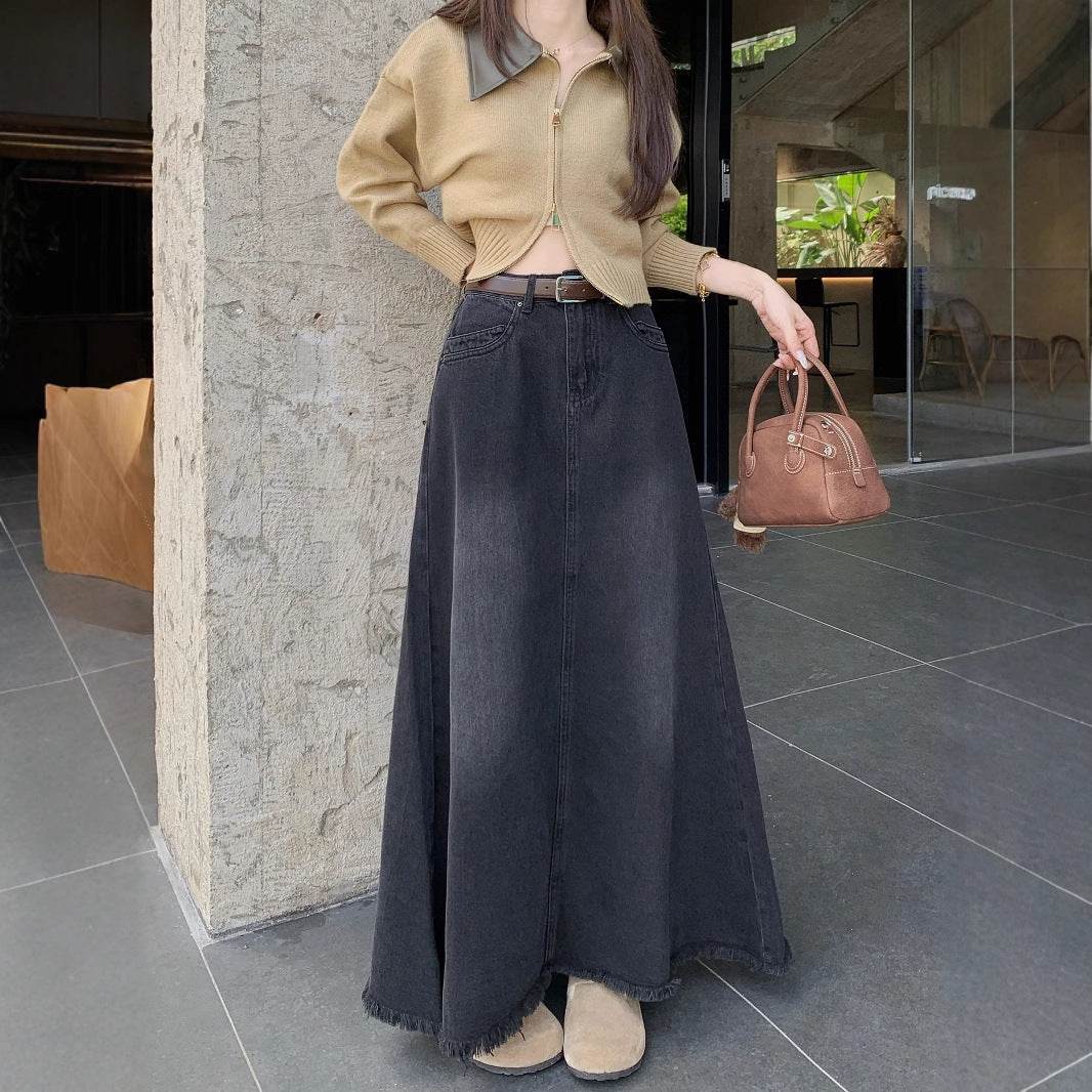 Long Denim Skirt Solid Cotton A Line Style