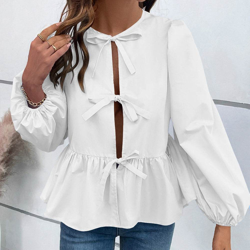Casual Loose Lantern sleeve Buckle blouse Top For Women