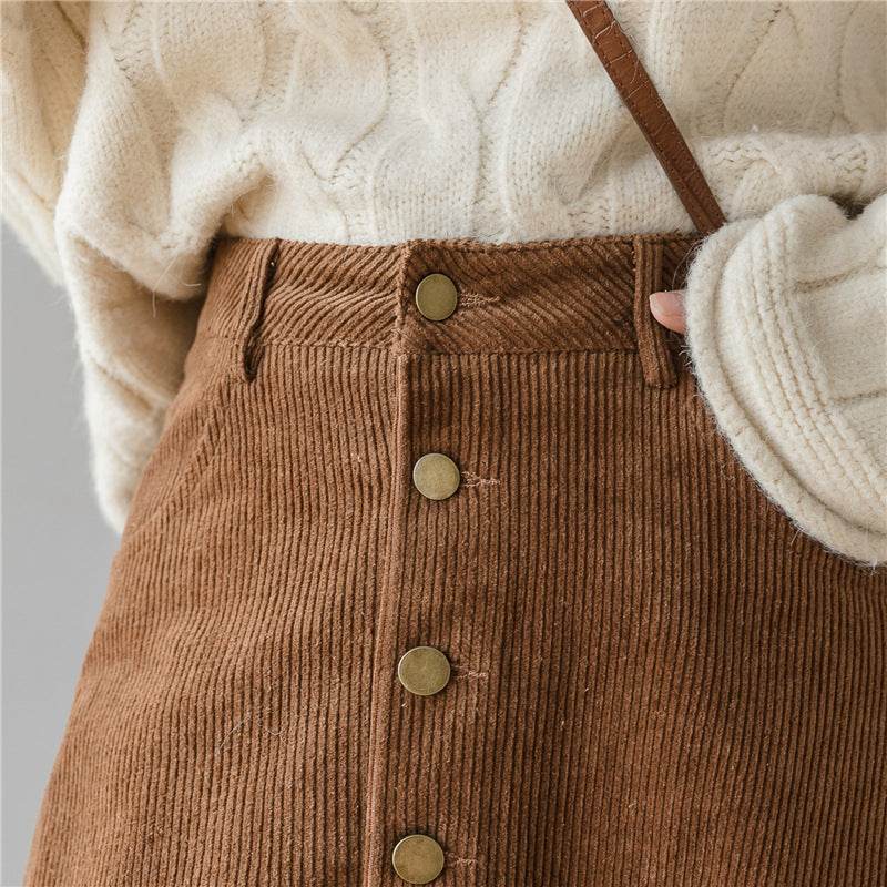 Retro Button A-line Fashion flared Corduroy Midi Skirt
