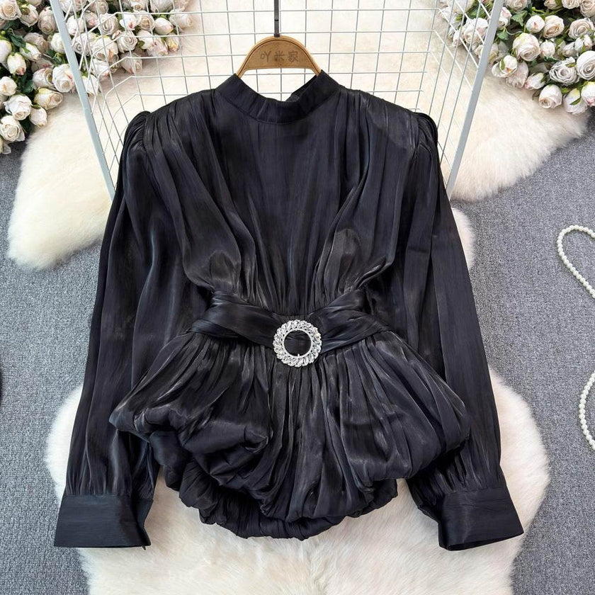 Elegant Luxury French Style High-grade waist belt lantern sleeve Niche Blouse top for Women