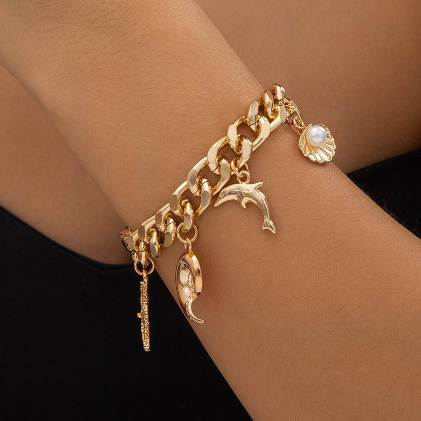 Boho Dolphin Starfish Conch Pendant Jewelry Set – Choker Necklace & Bracelets for Women