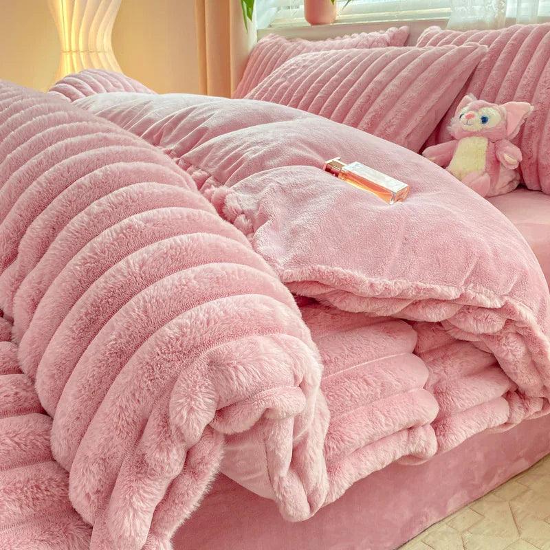 Rabbit Plush Four-piece Set Thickened Milk Fiber Sheets Coral Fleece Duvet Cover