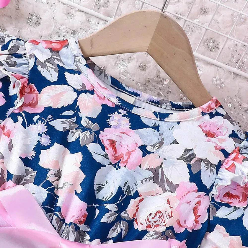 Girls Puff Sleeve Flower Printed Mesh Dress Baby girl dress gown