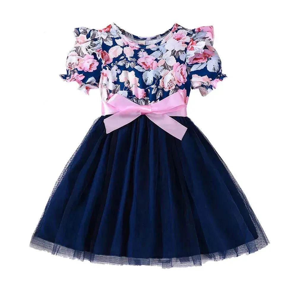 Girls Puff Sleeve Flower Printed Mesh Dress Baby girl dress gown