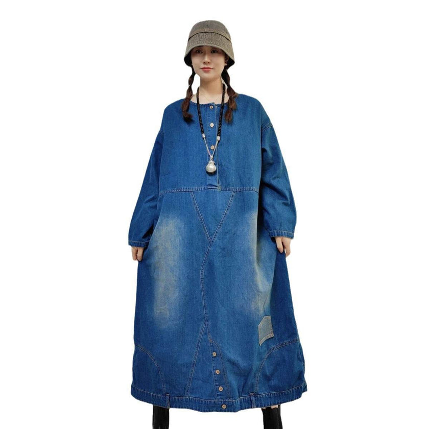 Loose-fitting Casual Round-neck Long-sleeved Oversized Long Denim Dress