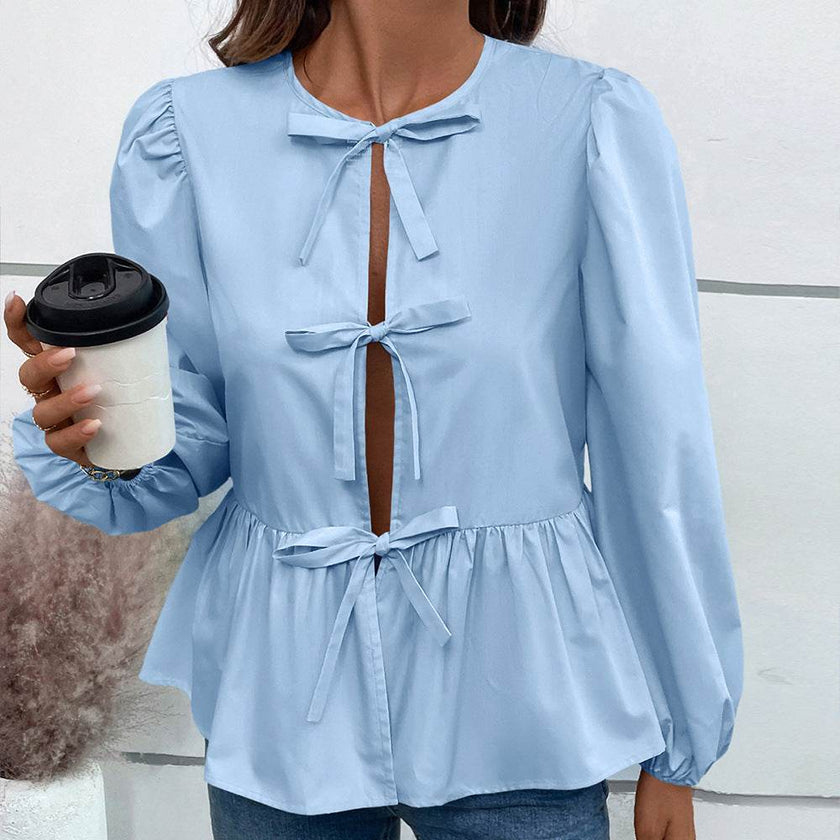Casual Loose Lantern sleeve Buckle blouse Top For Women