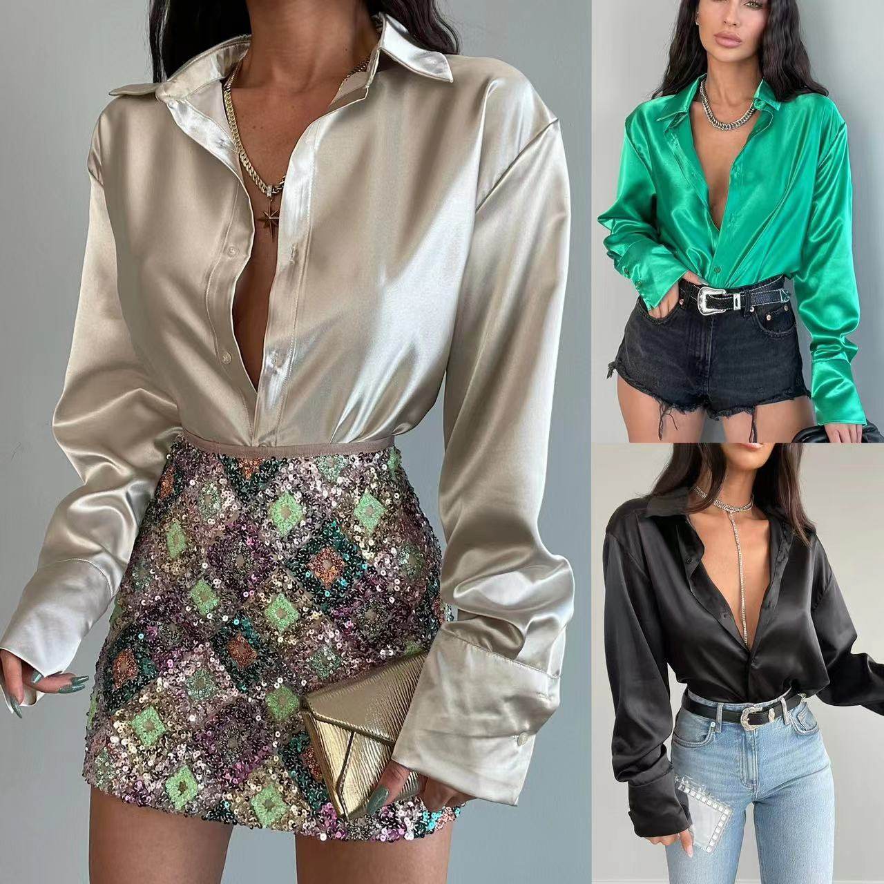 Single-breasted Long Sleeve Lapel Satin Blouse Shirt for work business office