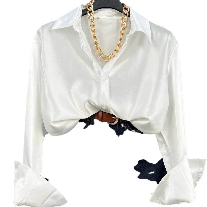 Single-breasted Long Sleeve Lapel Satin Blouse Shirt for work business office