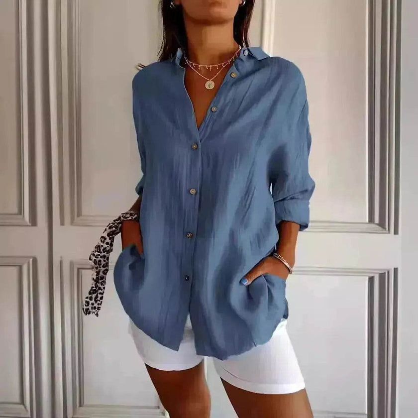 Fashionable Lapel Long Sleeve Shirt Top Women's Single-breasted Pleated Shirt Women Tops