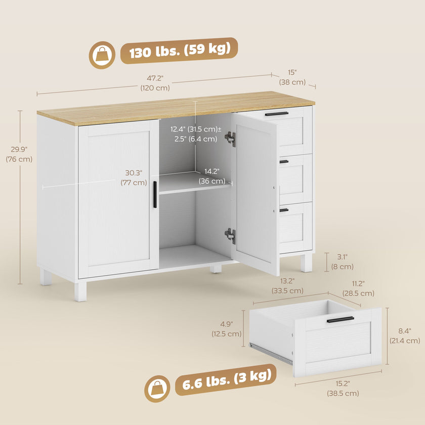 Vesper Modern Sideboard with 3 Drawers and Soft-Close Doors-White