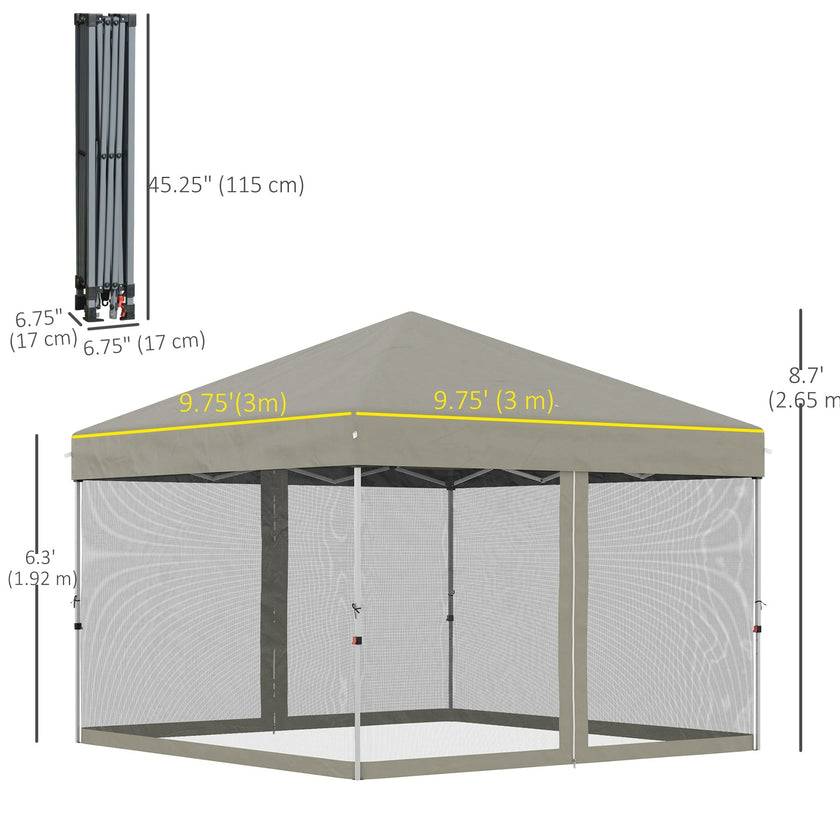 Outsunny 10' x 10' Pop-Up Party Tent Outdoor Canopy Tent with Mesh Sidewalls, 3-Level Adjustable Height, Roller Bag, Beige