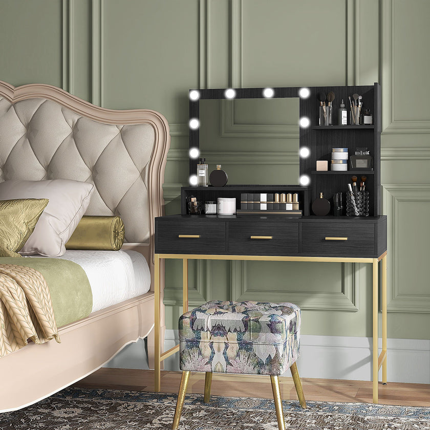 Sophia Illuminated Makeup Table with LED Lights and 3 Drawers-Black
