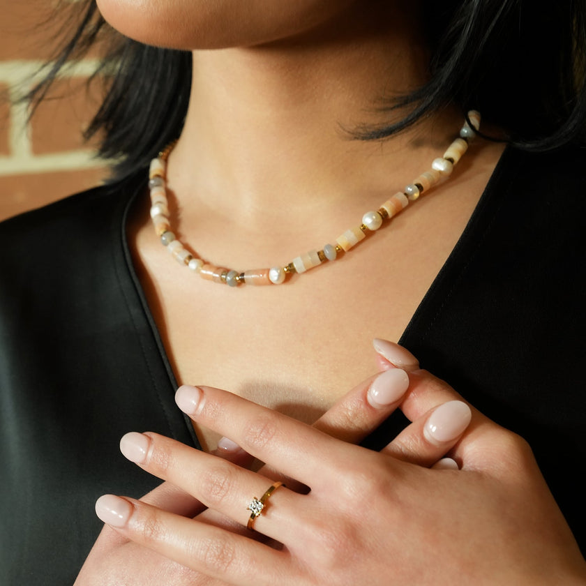 OSTIA: Chalcedony Stones, Fresh Water Pearls & Gold Ball-Beaded Necklace.