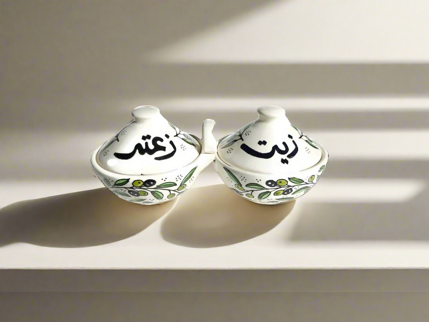 Handcrafted Ceramic Bowls with Lids – Olive Oil & Za’atar Serving Dishes | Palestinian Pottery from Hebron | Various Designs and Patterns