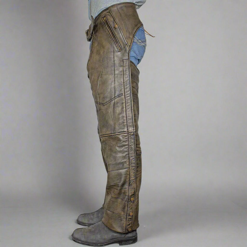 Open Road Men's Distressed Brown 4 Pocket Premium Leather Chaps