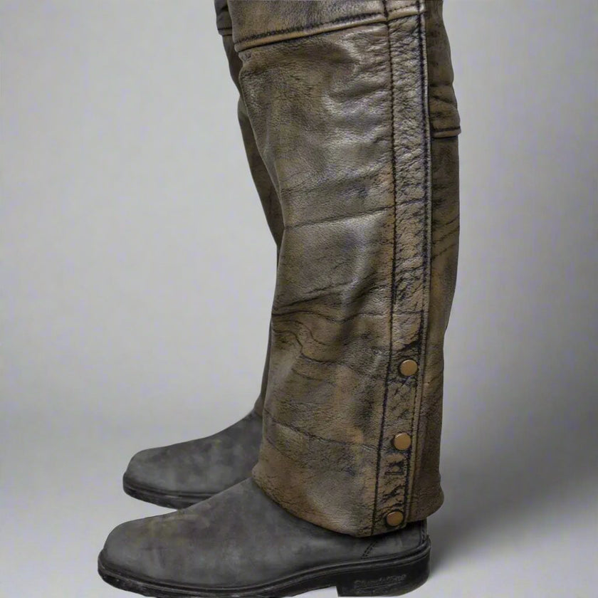 Open Road Men's Distressed Brown 4 Pocket Premium Leather Chaps